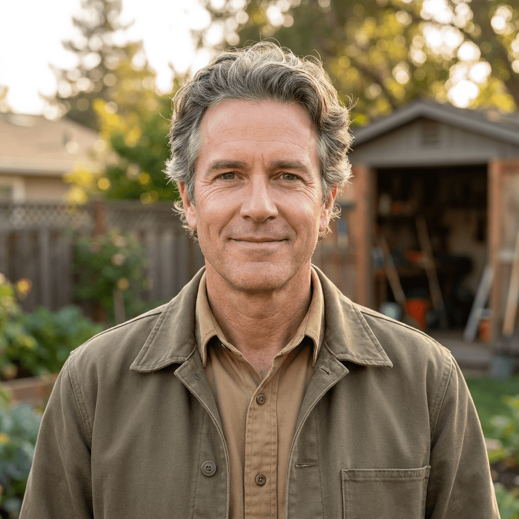 White father in his late 40s looking relaxed at home