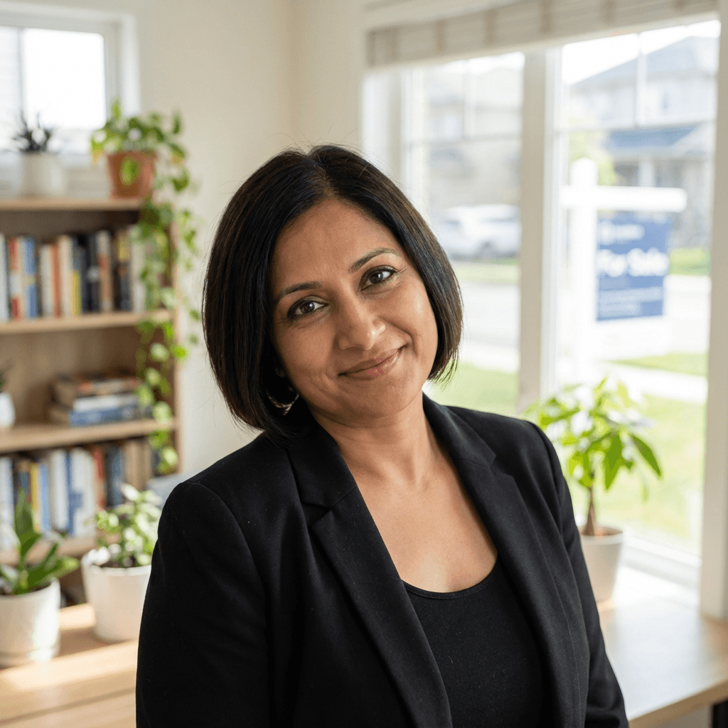 South Asian mother in her early 40s smiling in a bright home office