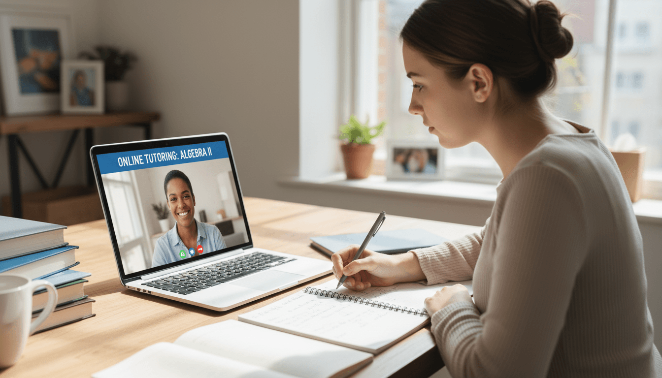 Student taking an online tutoring lesson with a laptop at a bright home desk