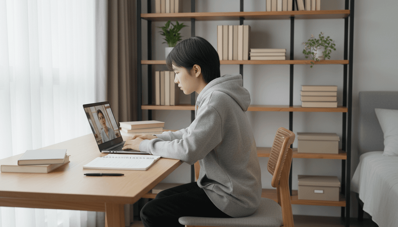 Student smiling while working on laptop during online tutoring session at home